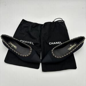 Chanel Fabric Grosgrain Chain Cap Toe Ballet Flats Women's 37.5 US 7.5